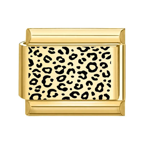 Charm léopard doré, imprimé taches noires sur fond crème, maillon rectangulaire en acier inoxydable, bracelet charm italien