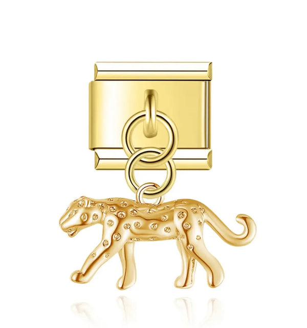 Charm pendentif léopard doré en acier inoxydable, breloque léopard en marche avec taches en relief, bracelet charm italien
