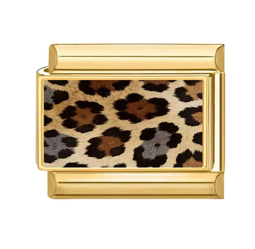 Charm léopard doré, motif taches noires et brunes sur fond beige, maillon en acier inoxydable, bracelet charm italien