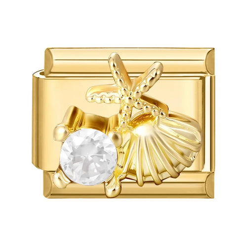 Charm maillon doré étoile de mer et coquillage en relief avec zircone blanche, acier inoxydable, bracelet charm italien