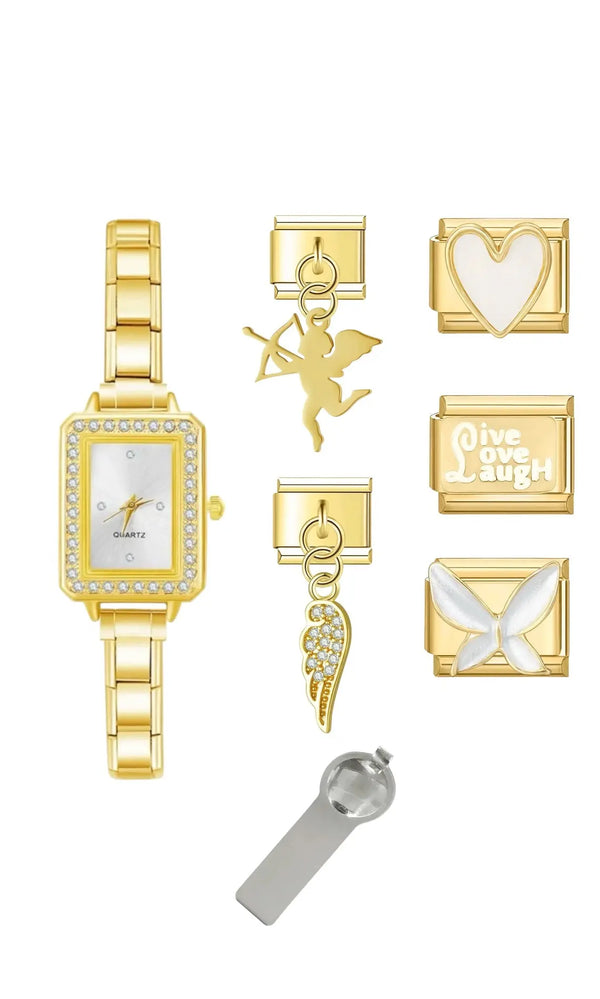 Montre Angel dorée à charms italiens, boîtier doré et bracelet à maillons personnalisables