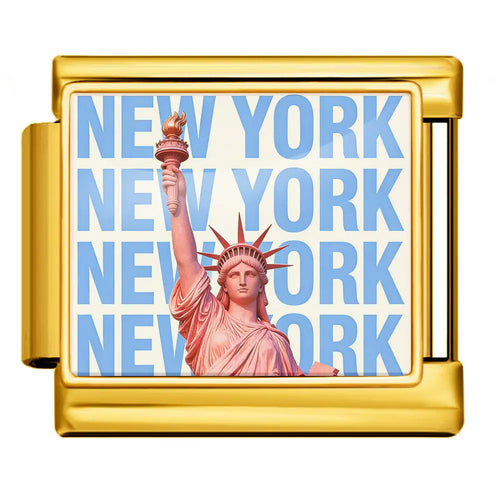 Charm New York Statue de la Liberté en acier inoxydable doré, motif Statue de la Liberté et inscription NEW YORK répétée fond blanc et bleu, bracelet charm italien