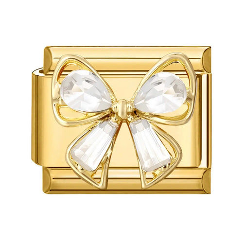 Charm noeud doré avec cristaux blancs facettés sur maillon carré, acier inoxydable, bracelet charm italien