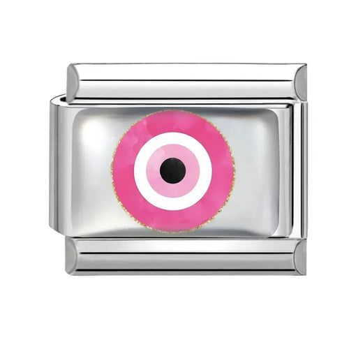 Charm oeil de Mykonos en émail rose fuchsia cercles concentriques sur maillon acier inoxydable, bracelet charm italien