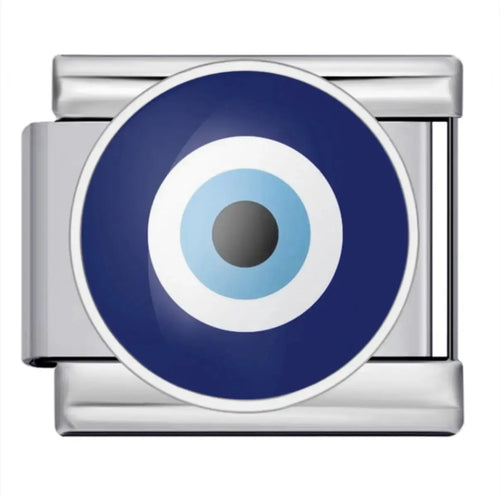 Charm maillon acier inoxydable motif oeil Nazar bleu marine et bleu ciel émaillé bracelet charm italien