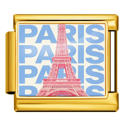 Charm Paris Tour Eiffel, maillon carré doré avec Tour Eiffel rose et texte PARIS bleu, acier inoxydable, bracelet charm italien
