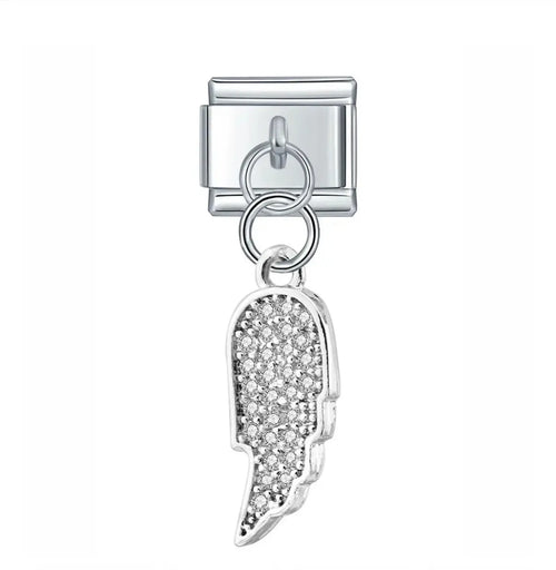Charm pendentif aile d'ange pavé de zircons argentés, acier inoxydable, bracelet charm italien