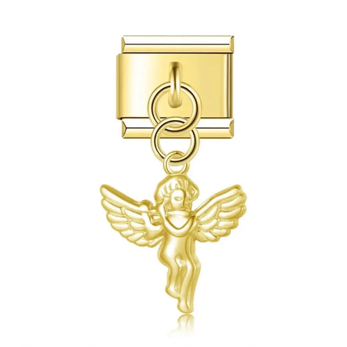 Charm pendentif ange doré en acier inoxydable, chérubin sculpté aux ailes déployées avec anneaux, bracelet charm italien
