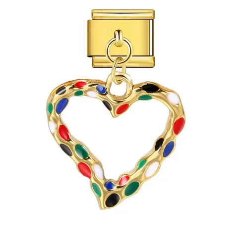 Charm pendentif coeur ajouré doré avec taches multicolores en émail, acier inoxydable, bracelet charm italien
