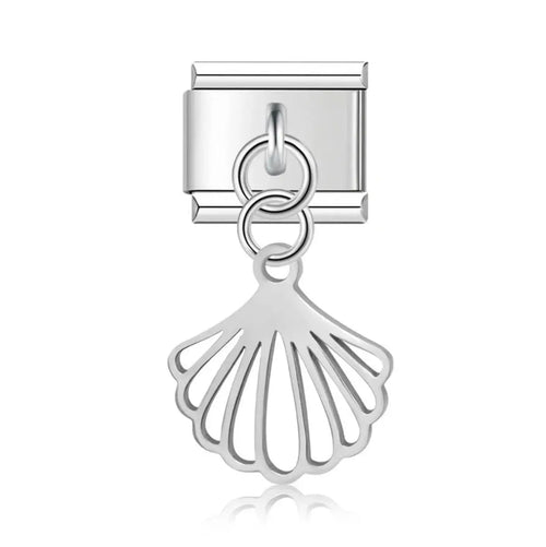 Charm pendentif coquillage ajouré argenté en acier inoxydable, suspendu par deux anneaux ronds sur maillon carré, bracelet charm italien