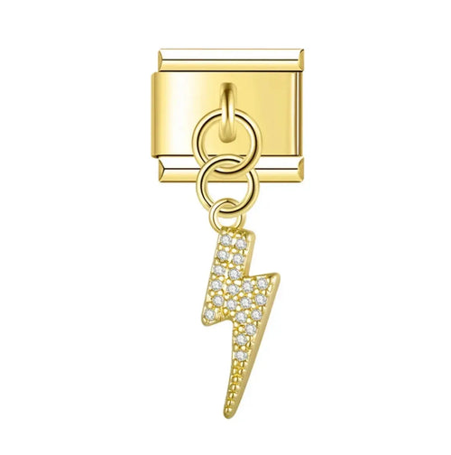 Charm pendentif éclair doré pavé de zircons blancs en acier inoxydable pour bracelet charm italien