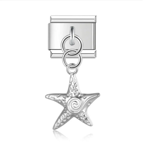 Charm pendentif étoile de mer en acier inoxydable argenté texturé avec spirale centrale, bracelet charm italien