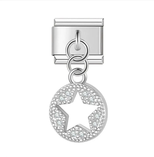 Charm pendentif disque rond étoile ajourée pavé zircons argent, acier inoxydable, bracelet charm italien