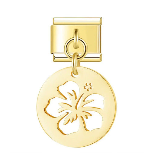 Charm pendentif médaillon circulaire doré ajouré motif hibiscus en acier inoxydable pour bracelet charm italien