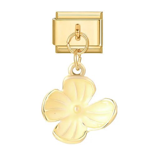 Charm pendentif fleur ivoire dorée, 4 pétales crème sculptés et contour doré, acier inoxydable, bracelet charm italien