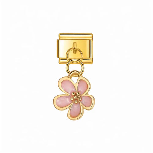 Charm pendentif fleur rose à cinq pétales rose nacré et contour doré, acier inoxydable, bracelet charm italien