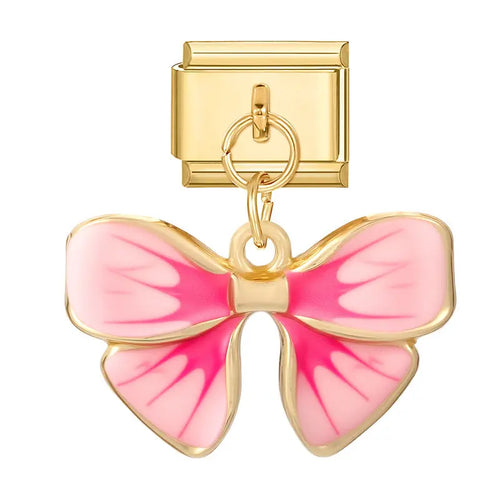Charm pendentif noeud papillon rose en émail fuchsia et contours dorés, acier inoxydable, bracelet charm italien
