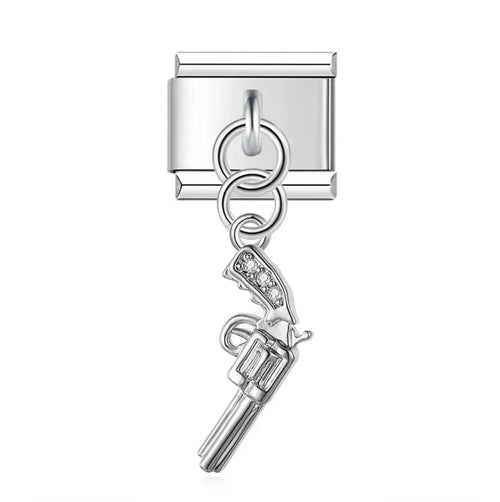 Charm pendentif revolver argenté en acier inoxydable avec zircons incolores, pendant sous un maillon via deux anneaux, bracelet charm italien