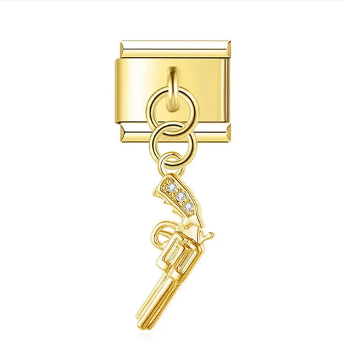 Charm pendentif revolver doré en acier inoxydable avec cristaux blancs, bracelet charm italien