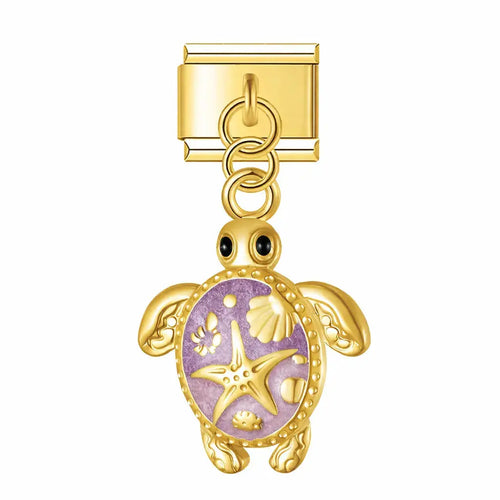 Charm pendentif tortue dorée émail mauve étoile de mer coquillages, acier inoxydable, bracelet charm italien