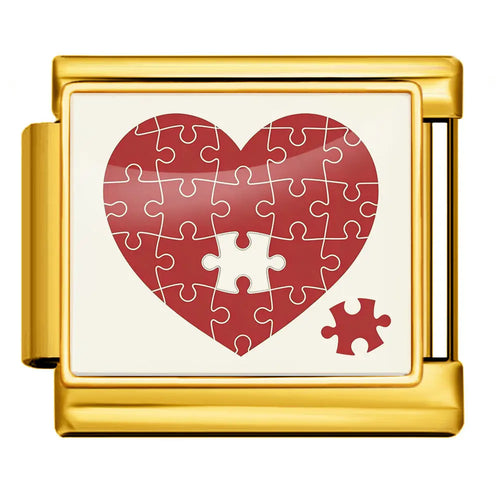 Charm coeur puzzle rouge avec pièce manquante, monture dorée, acier inoxydable, bracelet charm italien