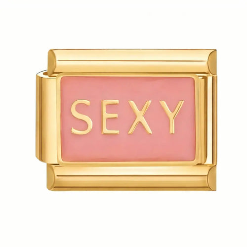 Charm plat émail rose poudré inscription SEXY dorée en relief monture acier inoxydable doré bracelet charm italien