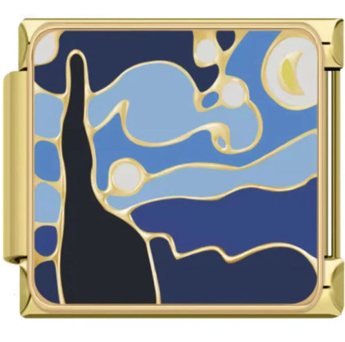Charm maillon carré doré émail bleu nuit Nuit Etoilée Van Gogh, acier inoxydable, bracelet charm italien