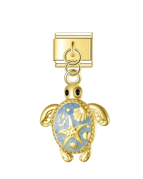 Charm tortue pendante dorée à carapace bleue, étoile de mer et coquillages, pour bracelet Le Charm Italien