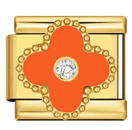 Charm trèfle à quatre pétales orange émail et cristal central, maillon acier inoxydable doré, bracelet charm italien