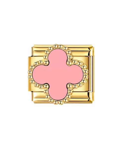 Charm trèfle rose en émail rose pâle sur maillon doré à perles, acier inoxydable, bracelet charm italien