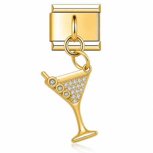 Charm pendentif verre cocktail martini doré avec zircons blancs, acier inoxydable, bracelet charm italien