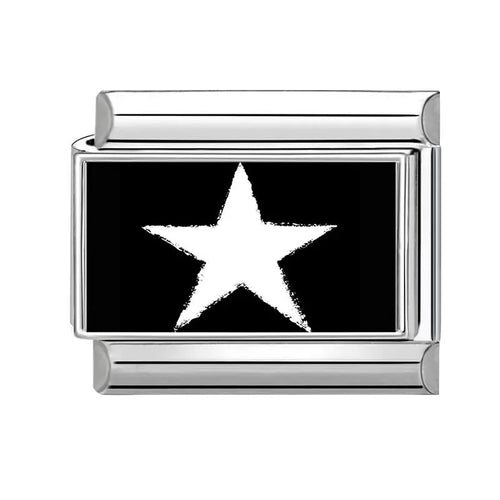 Charm étoile blanche sur émail noir, contour acier inoxydable, bracelet charm italien