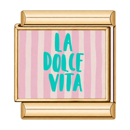 Charm maillon doré LA DOLCE VITA en lettres turquoise sur fond rayé rose, acier inoxydable, bracelet charm italien