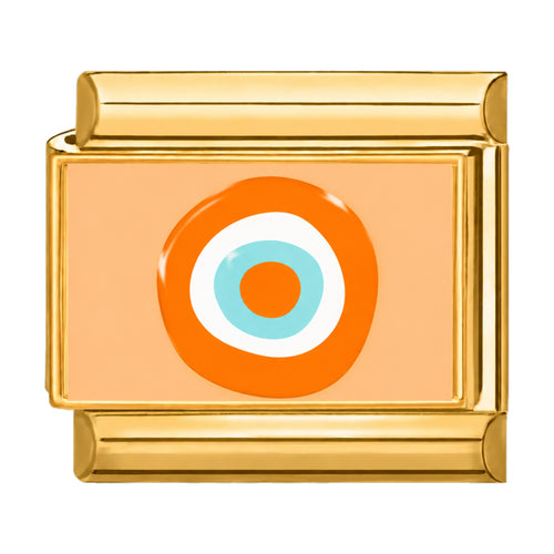 Charm maillon doré œil protecteur turquoise et orange sur fond orange, acier inoxydable, bracelet charm italien
