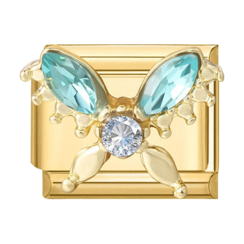 Charm maillon doré papillon aux ailes en cristal turquoise et strass central, acier inoxydable, bracelet charm italien