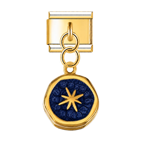 Pendentif médaillon étoile doré bleu marine suspendu sous un maillon, acier inoxydable, bracelet charm italien