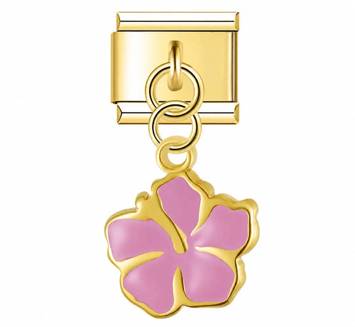 Charm pendentif hibiscus rose émail rose contour doré acier inoxydable bracelet charm italien