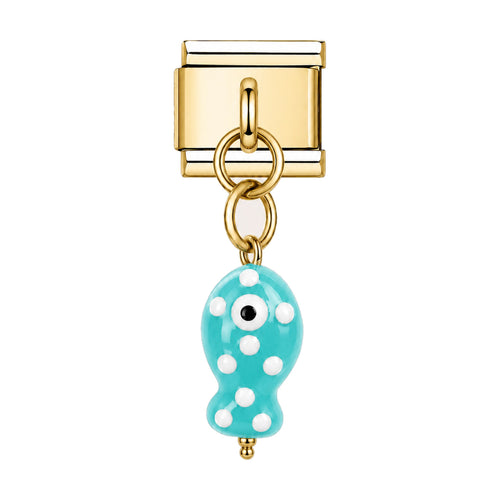 Pendentif poisson à pois en céramique émaillée turquoise suspendu sous un maillon doré, bracelet charm italien
