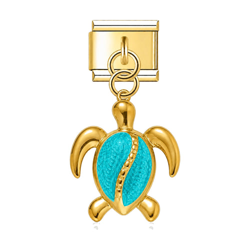 Pendentif tortue doré turquoise suspendu sous un maillon, acier inoxydable, bracelet charm italien