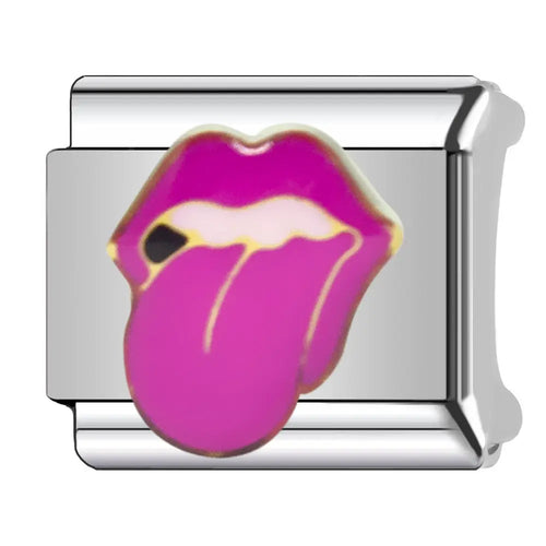 Charm maillon acier inoxydable motif bouche lèvres fuchsia langue tirée contour doré bracelet charm italien