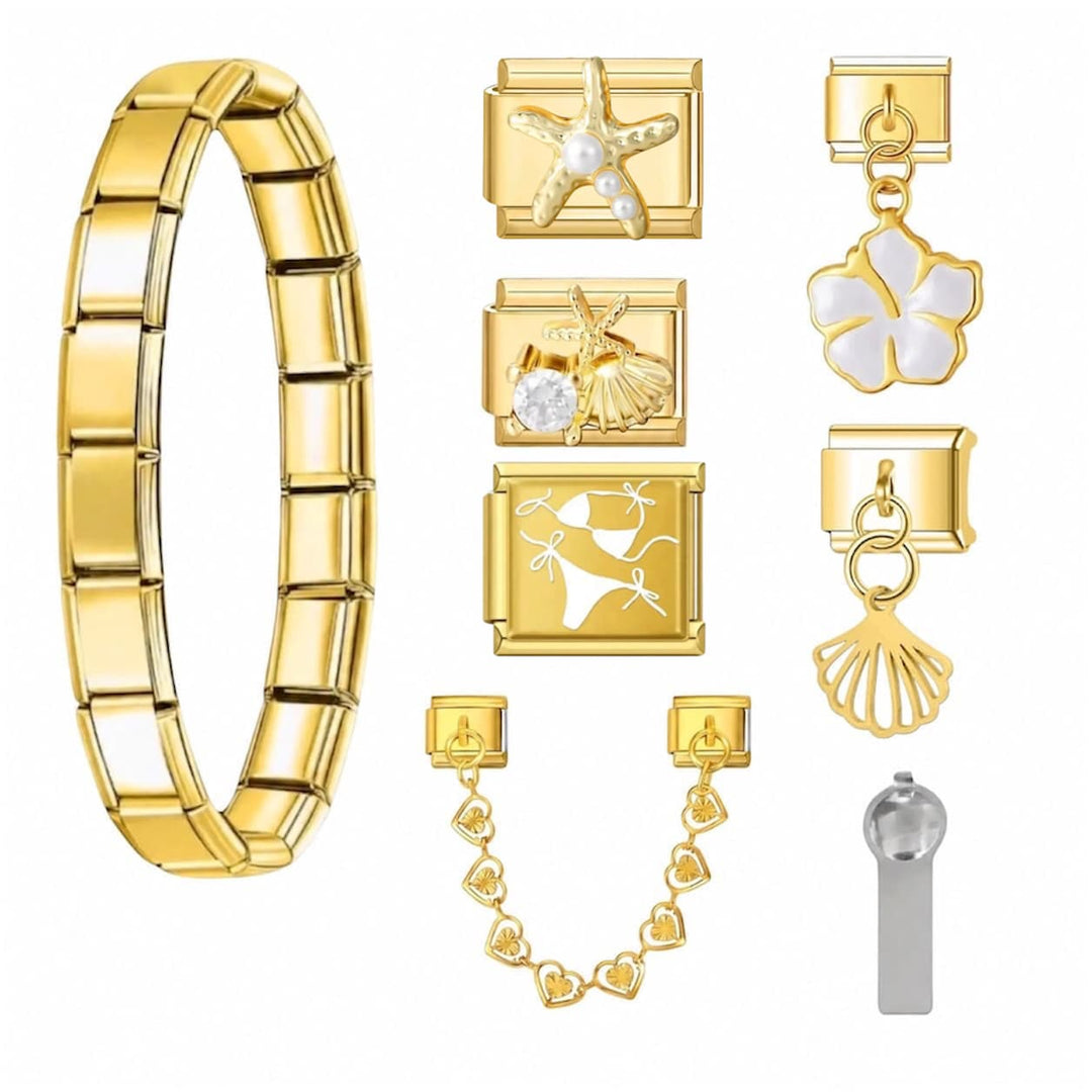 Pack Caraïbes offert dès 15 charms achetés, bracelet charm italien doré en acier inoxydable et charms - Le Charm Italien