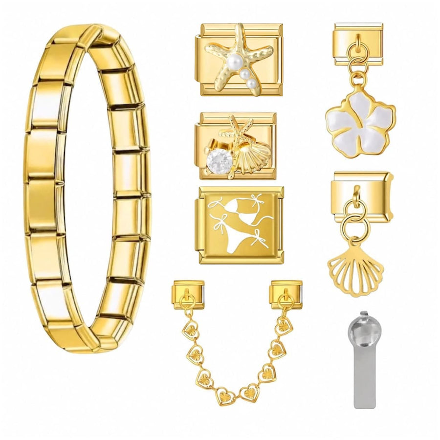 Pack Caraïbes offert dès 15 charms achetés, bracelet charm italien doré en acier inoxydable et charms - Le Charm Italien