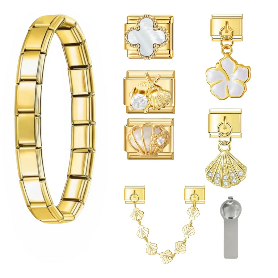 Pack Caraïbes offert – bracelet doré acier inoxydable avec charms trèfle nacré, coquillage cristal, hibiscus nacré, coquille Saint-Jacques strass et pendant feuilles de ginkgo – bracelet charm italien