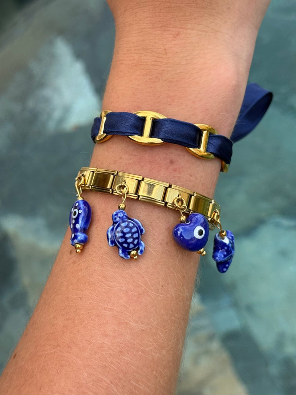 Bracelet Azzurra, pack bracelet charm italien en acier inoxydable doré et charms céramique émaillée bleu