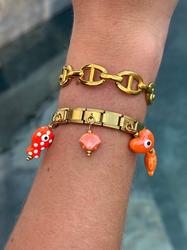 Bracelet Coralia, pack bracelet charm italien en acier inoxydable doré et charms céramique émaillée corail