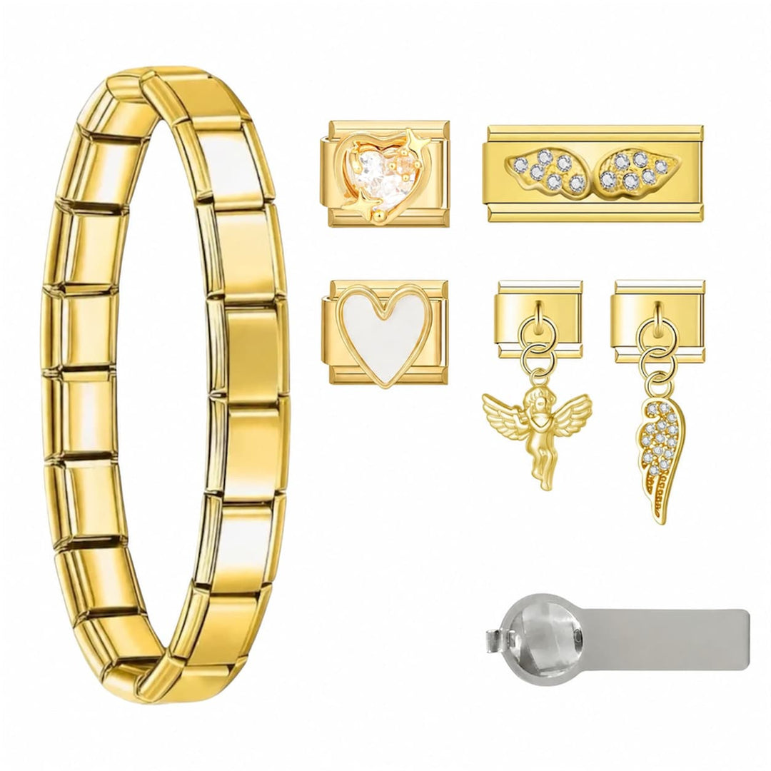Pack Angel offert dès 15 charms achetés, bracelet charm italien doré en acier inoxydable et 6 charms - Le Charm Italien