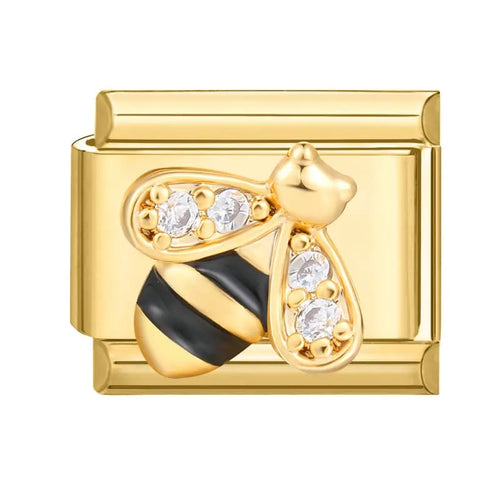 Charm abeille scintillante en acier inoxydable doré, émail noir rayé et ailes serties de zircons blancs, bracelet charm italien