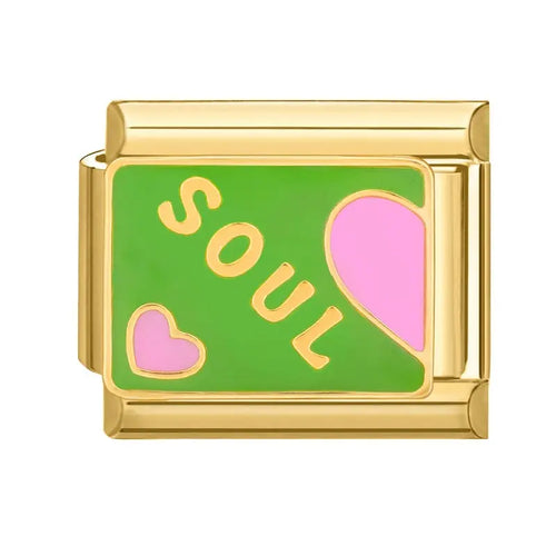 Charm Soul acier inoxydable doré émail vert inscription SOUL demi-cœurs roses bracelet charm italien