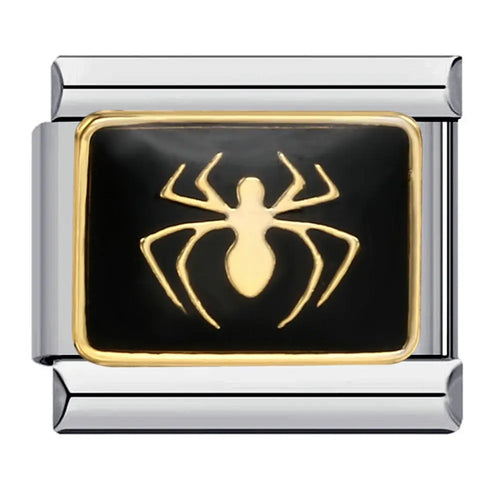 Charm araignée doré sur émail noir maillon rectangulaire acier inoxydable bracelet charm italien
