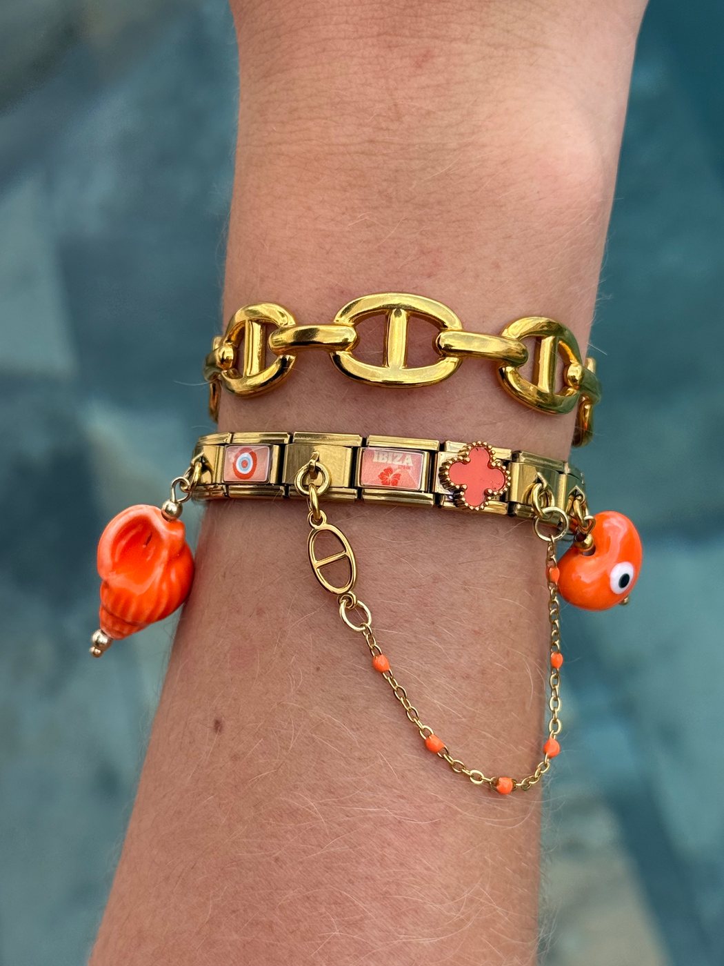 Bracelet Sunset Ibiza, pack bracelet charm italien en acier inoxydable doré et charms céramique aux tons chauds
